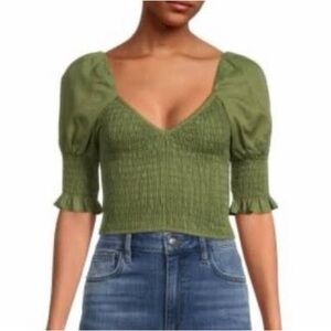 Misa Los Angeles Calla Smocked Crop Top Puff Sleeves Olive, NEW NWT